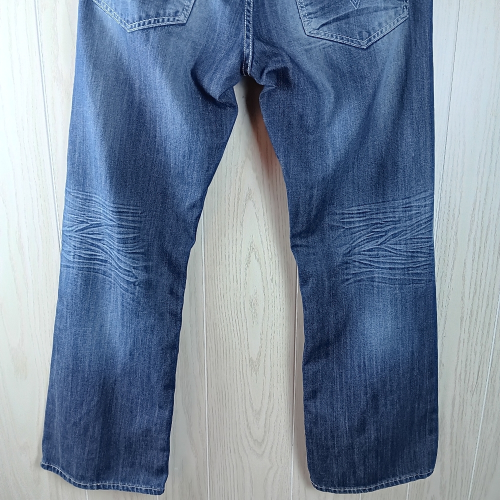 Helix Jeans Mens Size 36x34 Bootcut Blue Denim Whiskered Distressed.  - Picture 9 of 16